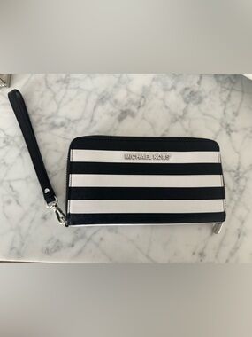 Michael Kors Black and White Striped Zip Wristlet Clutch